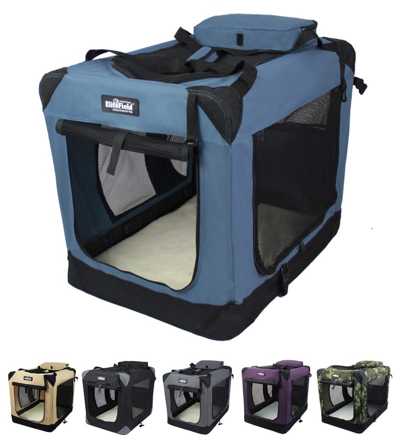 EliteField 3-Door Folding Soft Dog Crate with Carrying Bag and Fleece Bed (2 Year Warranty), Indoor & Outdoor Pet Home (30" L x 21" W x 24" H, Blue Gray) - Image 1